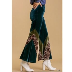 "The Melika" Teal Velvet Animal Print Flare Leg Pants